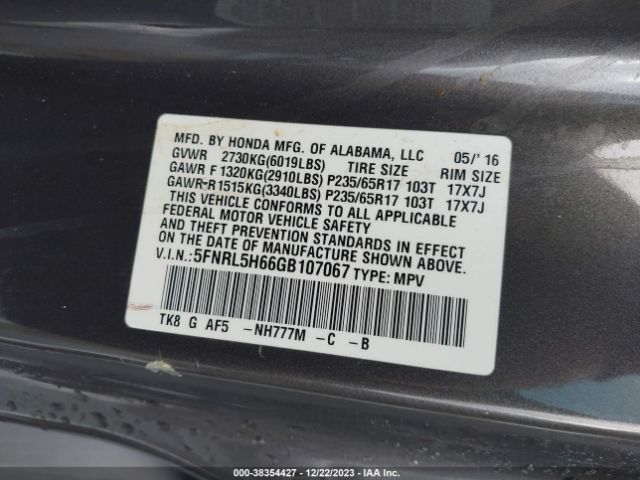 5FNRL5H66GB107067 Honda Odyssey Ex-l