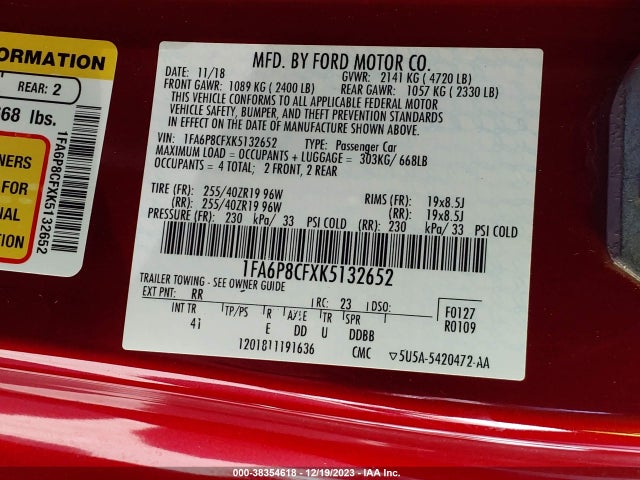 2019 FORD MUSTANG GT PREMIUM VIN: 1FA6P8CFXK5132652
