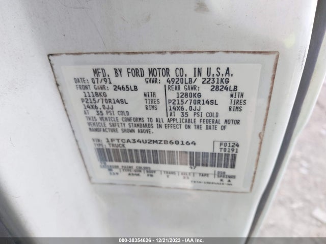 1991 FORD AEROSTAR VIN: 1FTCA34U2MZB60164