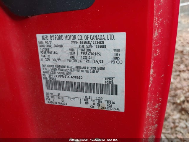 2001 FORD F-150 LARIAT/XL/XLT VIN: 2FTRX18W51CA98650