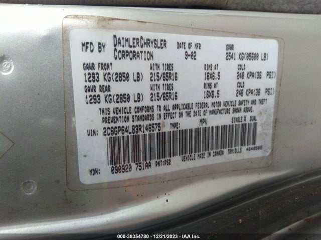 2003 CHRYSLER TOWN & COUNTRY LIMITED VIN: 2C8GP64L83R146575