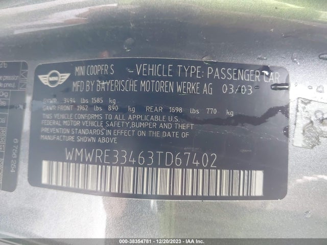 2003 MINI COOPER S WMWRE33463TD67402 Photo 8