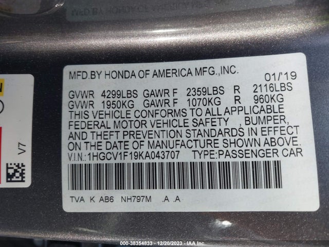 Honda ACCORD LX 2019 1HGCV1F19KA043707 Image 9