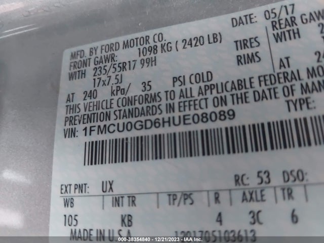 Ford ESCAPE SE 2017 1FMCU0GD6HUE08089 Image 9