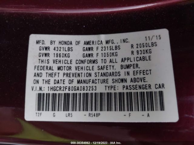 1HGCR2F80GA083253 Honda Accord Ex-l