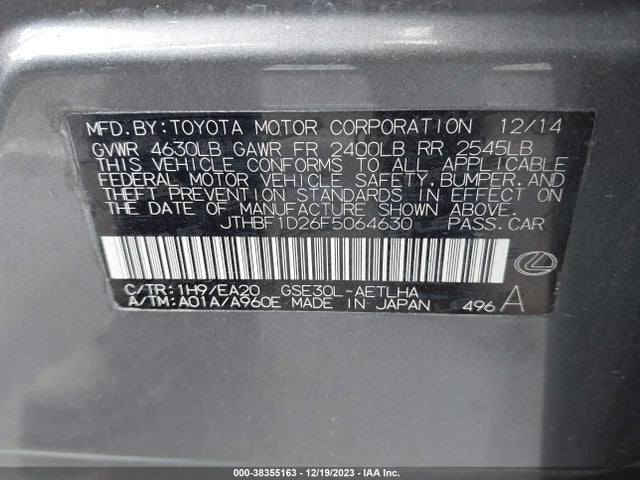 Lexus IS 250 2015 JTHBF1D26F5064630 Image 9