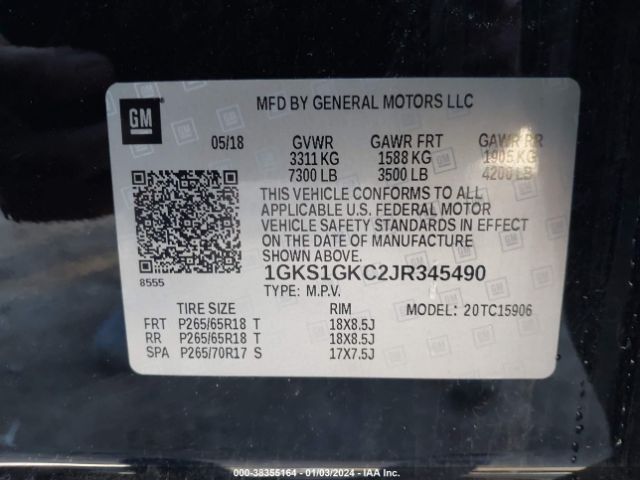 1GKS1GKC2JR345490 GMC Yukon Xl Slt