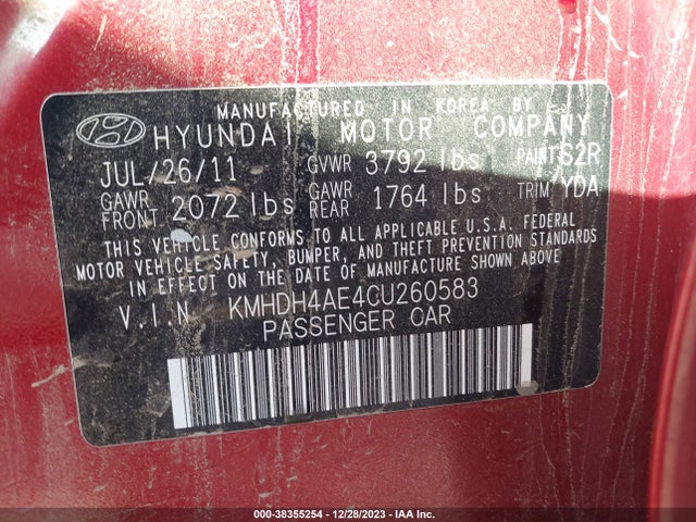 2012 HYUNDAI ELANTRA GLS (ULSAN PLANT) VIN: KMHDH4AE4CU260583