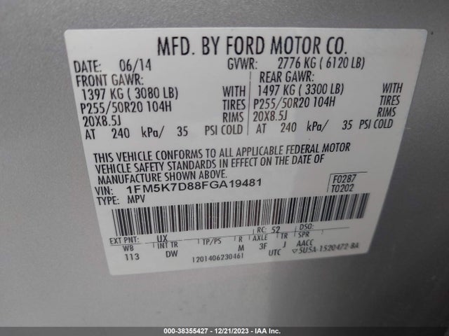 2015 FORD EXPLORER XLT VIN: 1FM5K7D88FGA19481
