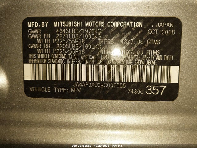 2019 Mitsubishi Outlander Sport 2.0 Es მანქანა იყიდება აუქციონზე, vin: JA4AP3AU0KU007555, აუქციონის ნომერი: 38355552