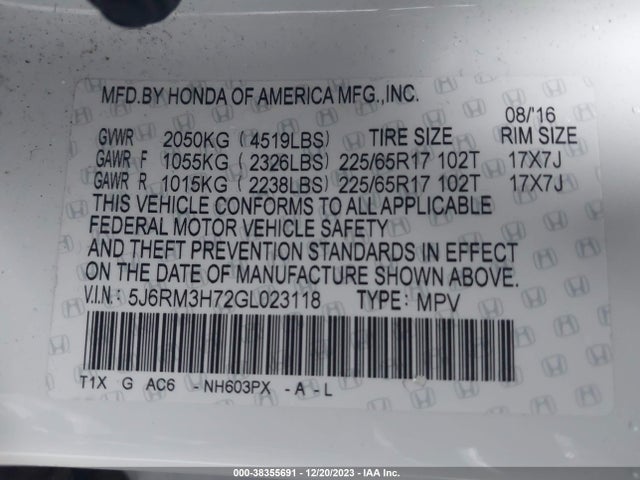 Honda Cr-v Ex-l 2016 5J6RM3H72GL023118 Image 9