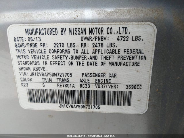 2013 Infiniti G37 Journey მანქანა იყიდება აუქციონზე, vin: JN1CV6AP5DM721705, აუქციონის ნომერი: 38355711