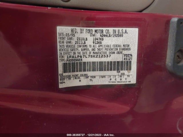 1995 FORD CONTOUR SE VIN: 1FALP67L7SK212337