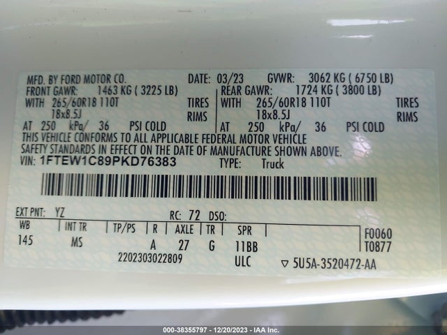 2023 FORD F-150 XLT VIN: 1FTEW1C89PKD76383