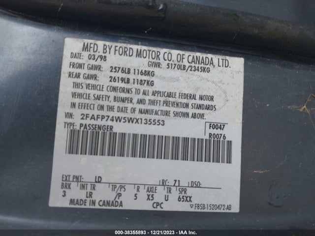1998 FORD CROWN VICTORIA LX VIN: 2FAFP74W5WX135553