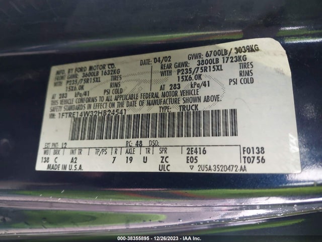 2002 FORD ECONOLINE COMMERCIAL/RECREATIONAL VIN: 1FTRE14W32HB24541