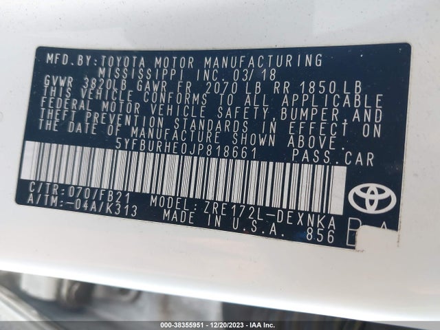 Toyota COROLLA LE 2018 5YFBURHE0JP818661 Image 9
