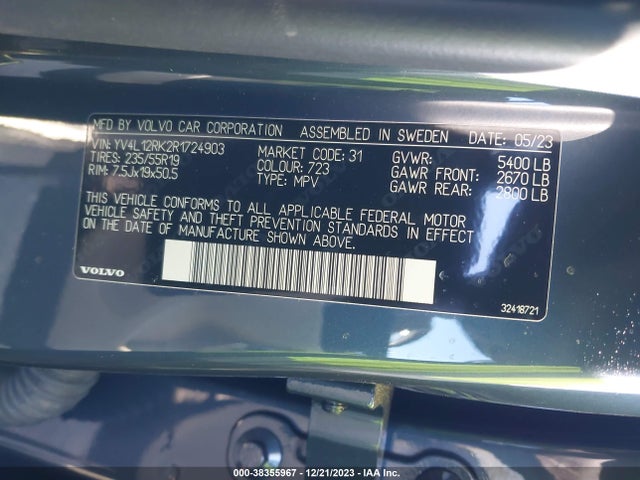 2024 VOLVO XC60 B5 CORE DARK THEME VIN: YV4L12RK2R1724903