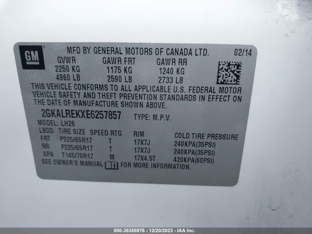 2014 GMC TERRAIN SLE-2 VIN: 2GKALREKXE6257857