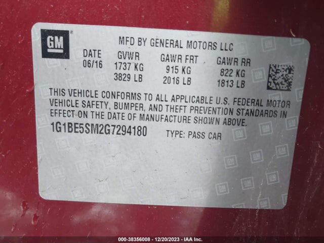 Chevrolet Cruze Lt Auto 2016 1G1BE5SM2G7294180 Image 9