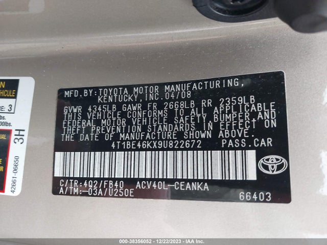 2009 TOYOTA CAMRY LE VIN: 4T1BE46KX9U822672