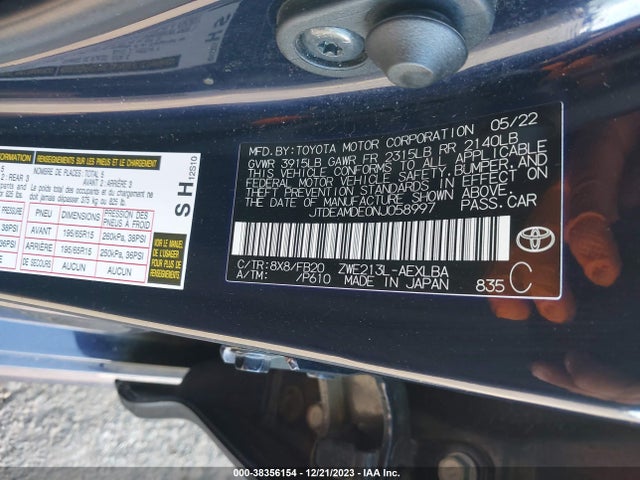 2022 TOYOTA COROLLA HYBRID LE VIN: JTDEAMDE0NJ058997
