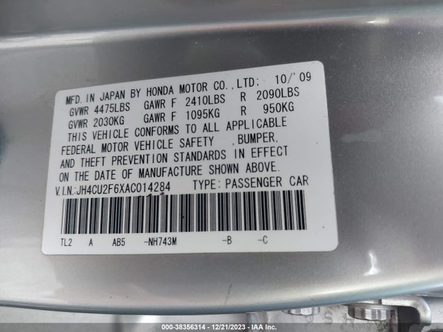 2010 ACURA TSX 2.4 VIN: JH4CU2F6XAC014284