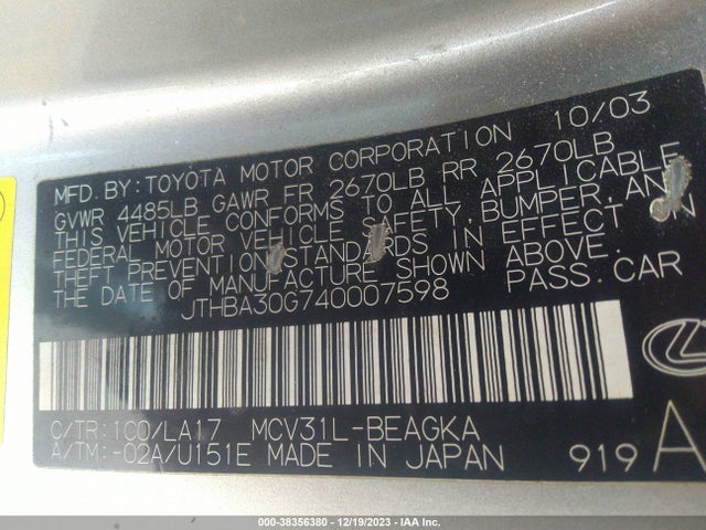 2004 LEXUS ES 330 VIN: JTHBA30G740007598