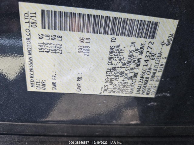 2012 NISSAN ALTIMA VIN: 1N4AL2AP6CC143272