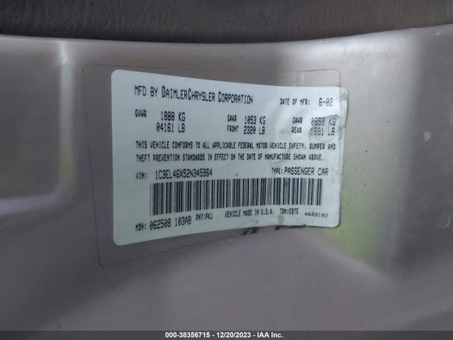 2002 CHRYSLER SEBRING LX/LX PLUS VIN: 1C3EL46X52N345964