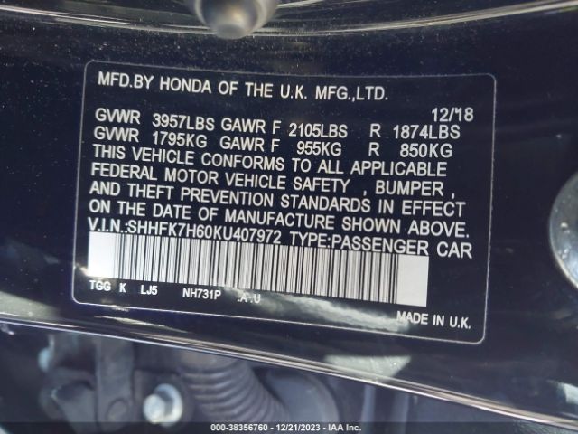 SHHFK7H60KU407972 Honda CIVIC EX