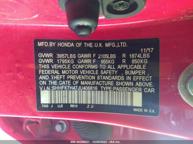 SHHFK7H47JU406816 Honda Civic Sport