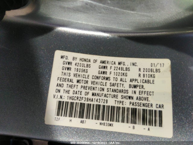 Honda ACCORD LX 2017 1HGCR2F39HA143729 Image 9
