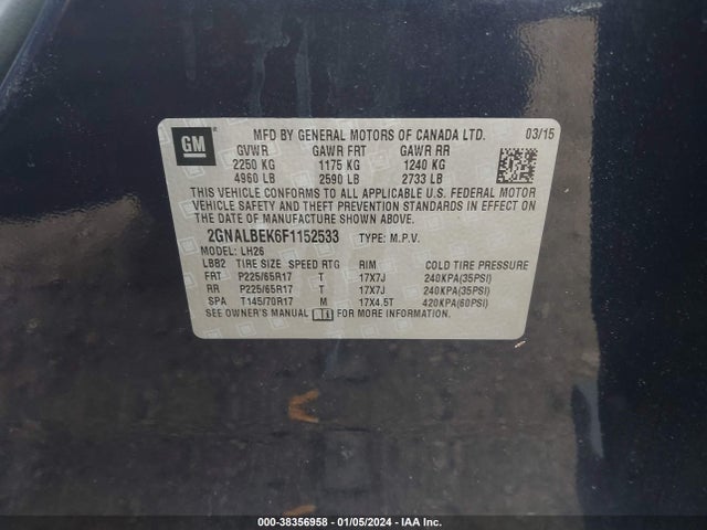 Chevrolet EQUINOX 1LT 2015 2GNALBEK6F1152533 Image 9