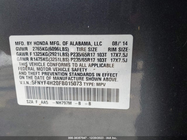 Honda PILOT LX 2015 5FNYF4H20FB015073 Image 9