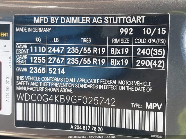 2016 MERCEDES-BENZ GLC 300 4MATIC VIN: WDC0G4KB9GF025742