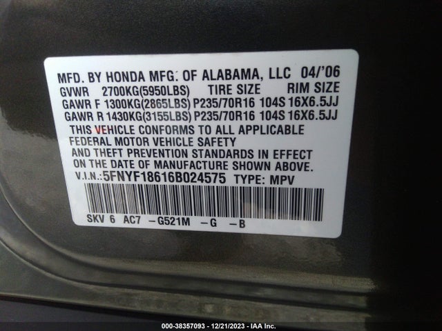 2006 HONDA PILOT EX-L VIN: 5FNYF18616B024575