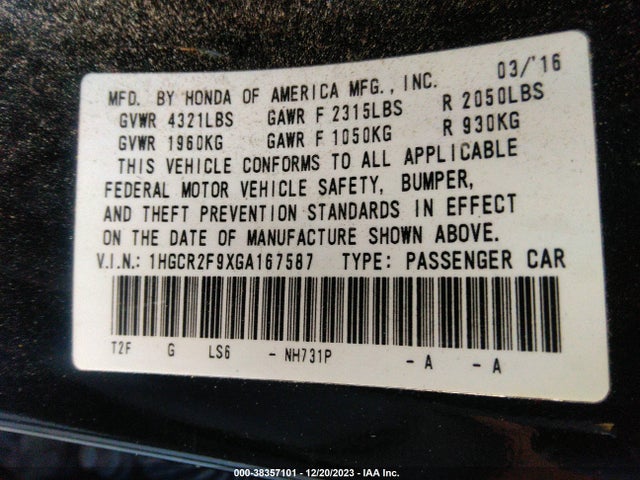 Honda Accord Ex-l 2016 1HGCR2F9XGA167587 Image 9