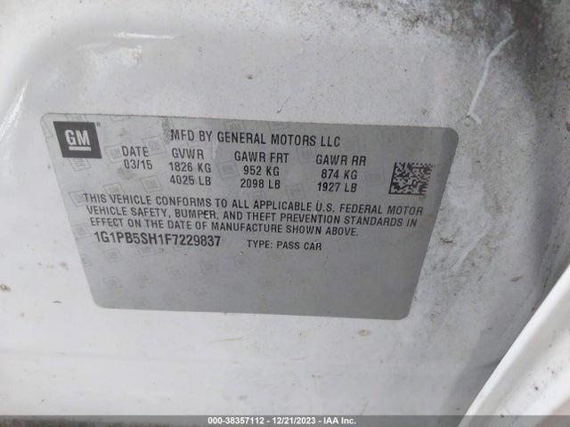 Chevrolet Cruze Ls Manual 2015 1G1PB5SH1F7229837 Image 9