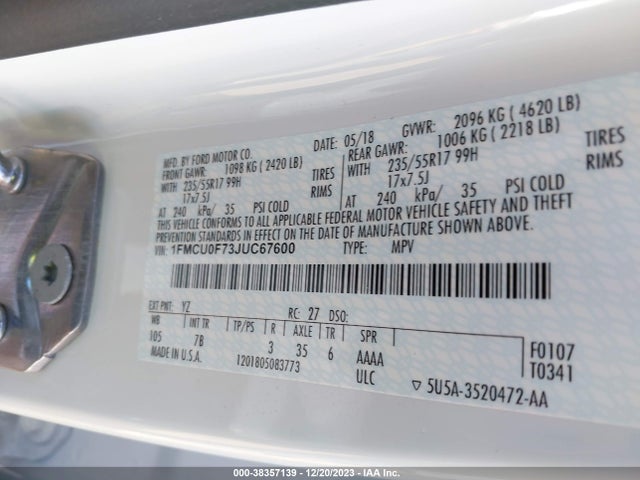 Ford ESCAPE S 2018 1FMCU0F73JUC67600 Image 9