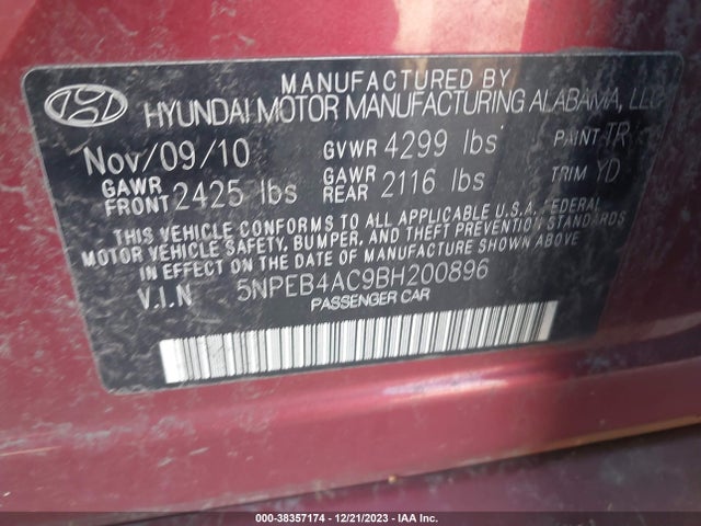 2011 HYUNDAI SONATA GLS VIN: 5NPEB4AC9BH200896