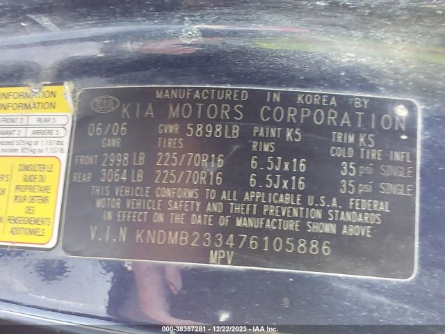 2007 KIA SEDONA KNDMB233476105886 Photo 8