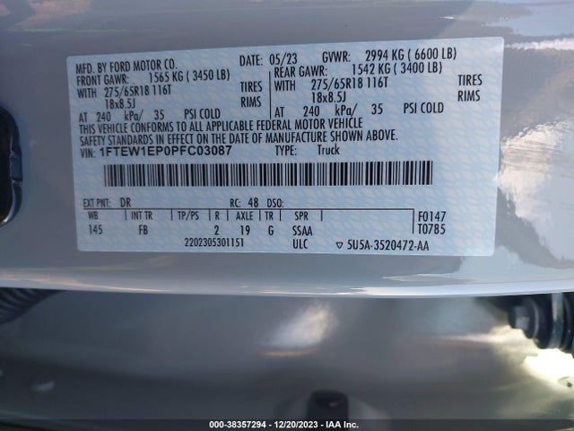 Aukcja sprzedaży 2023 Ford F-150 Xlt, vin: 1FTEW1EP0PFC03087, numer aukcji: 38357294