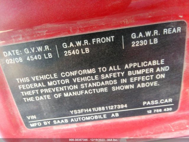 2008 SAAB 9-3 YS3FH41U881127394 Photo 8