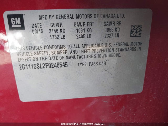 Chevrolet IMPALA 1LT 2015 2G1115SL2F9246545 Image 9