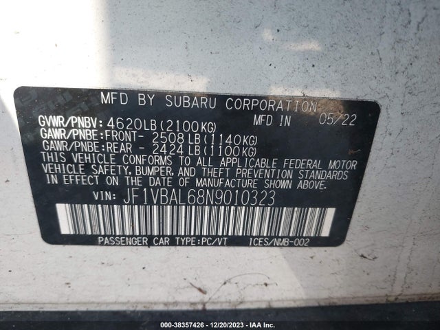 2022 SUBARU WRX LIMITED VIN: JF1VBAL68N9010323