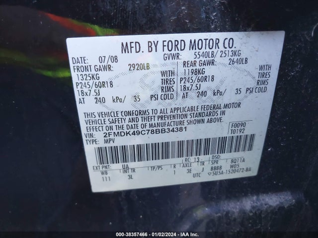 2008 FORD EDGE LIMITED VIN: 2FMDK49C78BB34381