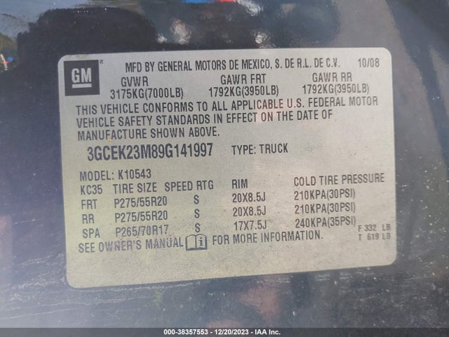 2009 CHEVROLET SILVERADO 1500 LT VIN: 3GCEK23M89G141997