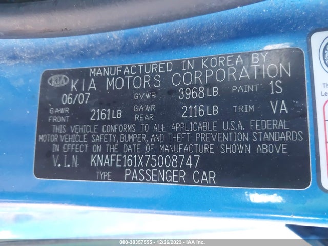 2007 KIA SPECTRA5 SX VIN: KNAFE161X75008747