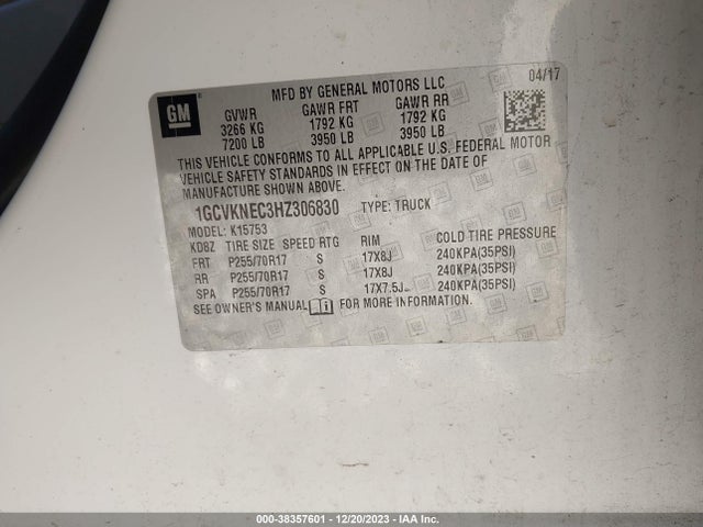 2017 CHEVROLET SILVERADO 1500 WT VIN: 1GCVKNEC3HZ306830
